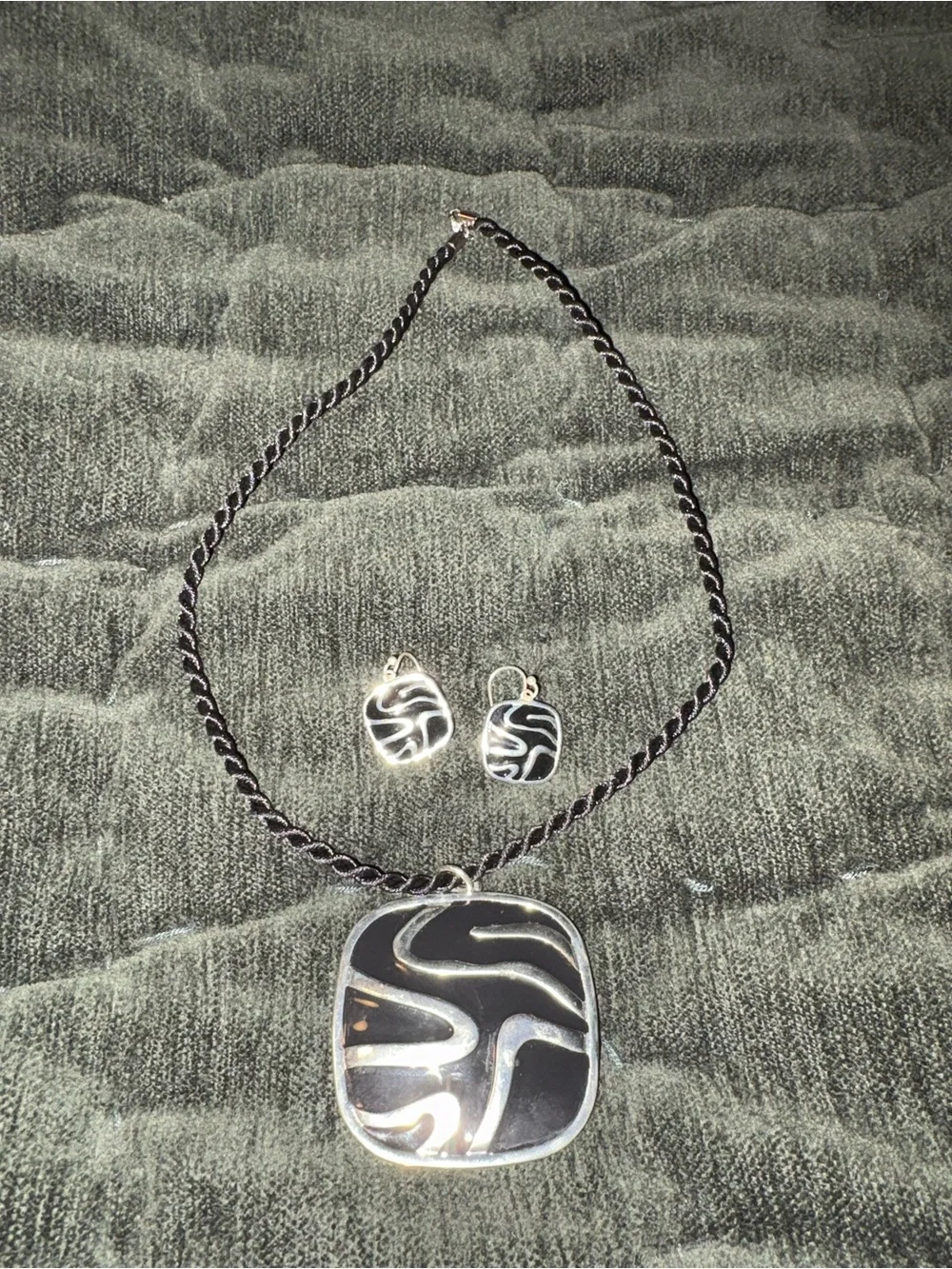 Black and Silver Abstract Pendant Necklace with Matching Earrings